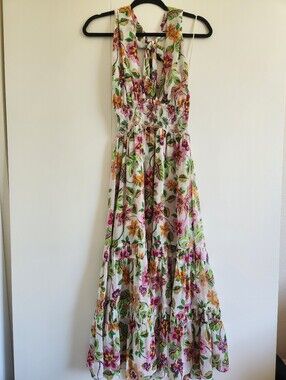 MISA Los Angeles NWT Floral Smocked Tie Neck Maxi Dress Size L